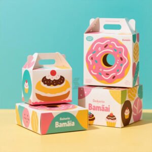 Caja reciclable con logotipo personalizado para pasteles y galletas, con ventana. Caja plegable de papel rosa para donuts.