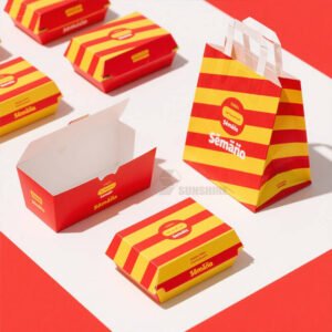 Caja personalizada para patatas fritas, perrito caliente, pollo frito y hamburguesa — embalaje para comida rápida.